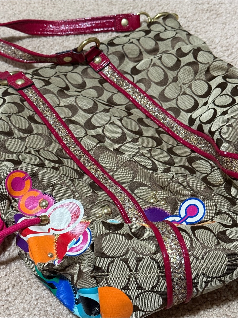 Coach Beige Signature Tote with Pink Trim and Multicolor Accents - Picture 7 of 8